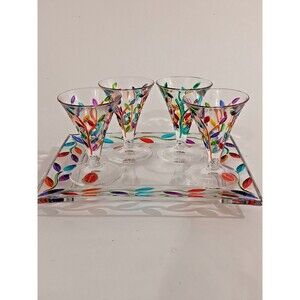 Marano Multi-Colored Tree Of Life Liquor Glasses Set of 4 w/ Serving Tray EUC